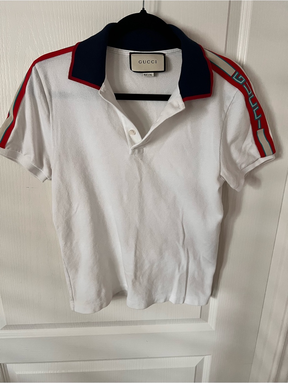 Gucci White Polo with Navy Collar and Red Stripe Accents